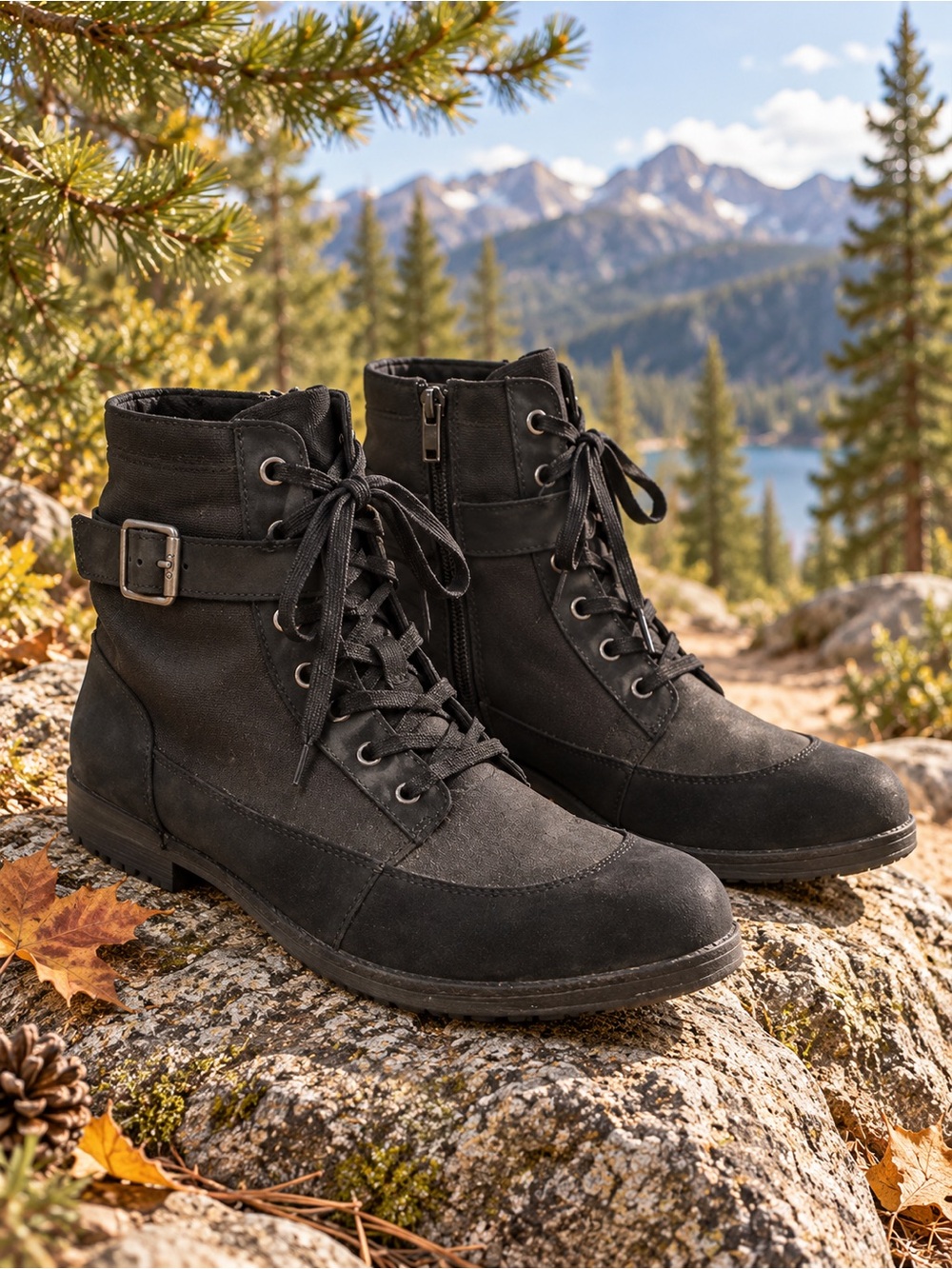 UGG Black Lace-Up Shearling Lined Ankle Boots Buckle Detail